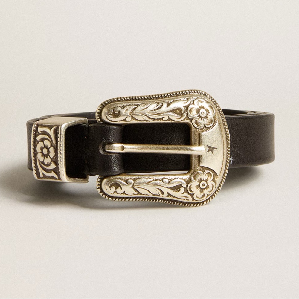 ISO Golden Goose Black Leather Belt Sz 85 cm Silver Buckle Western Women’s